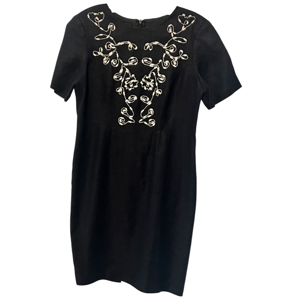 Carole Little Petite Black Linen Embroidered Dress 6P - Picture 5 of 9